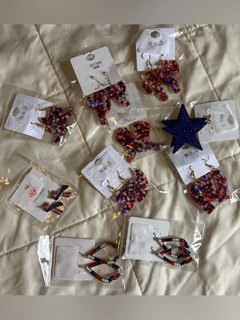 Patriotic Assorted Red White Blue Star & Flag Earrings Set